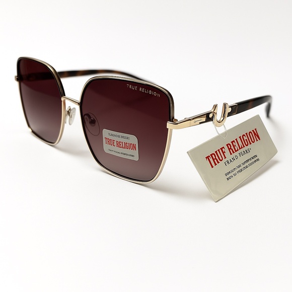 NWT TRUE RELIGION Oversized Square Sunglasses Gradient Brown Tortoise Shell Logo - Picture 1 of 7